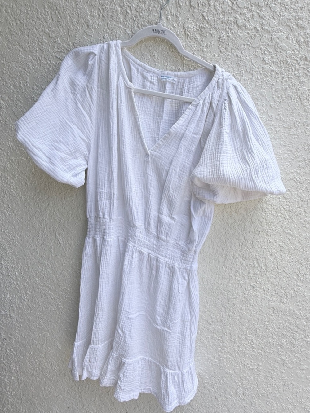 White Gauze V-Neck Puff Sleeve Mini Beach Dress